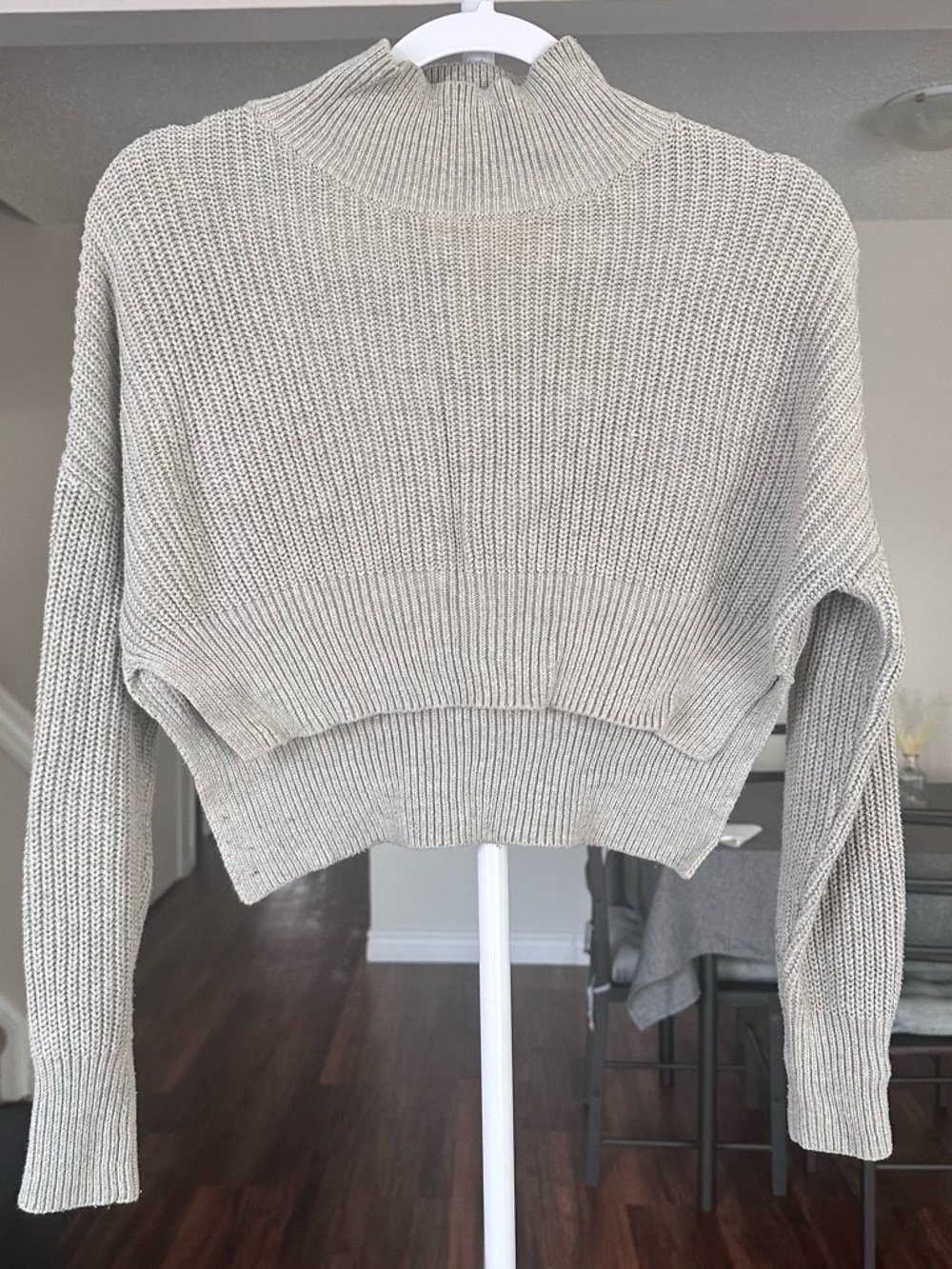 Cropped Mock Neck Knit Sweater - Light Gray